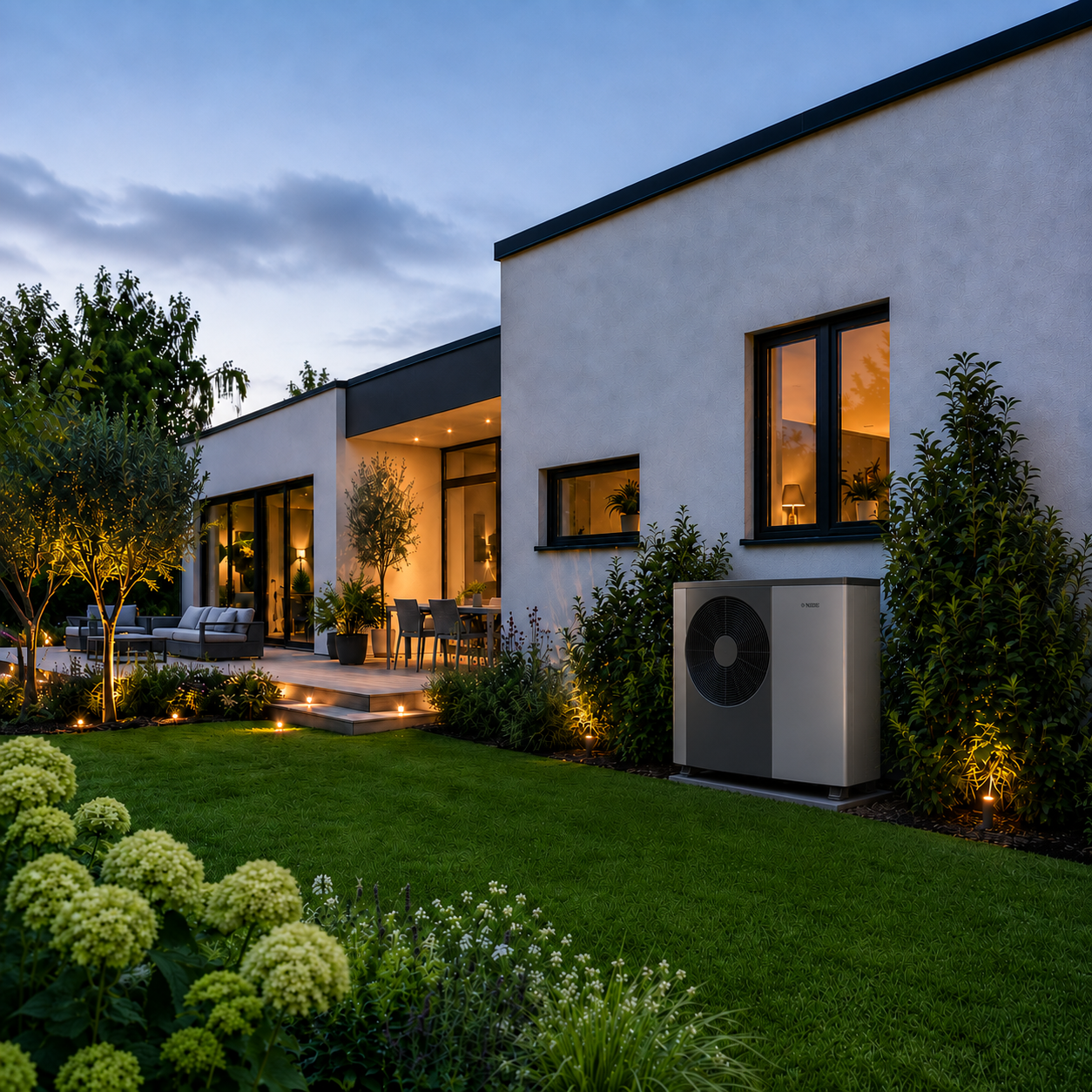NIBE S2125 vid modern villa i kvällsbelysning